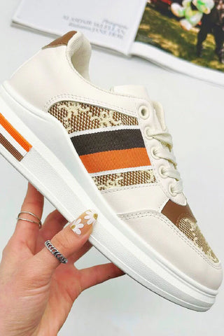 BEIGE LACE UP STRIPE DESIGN TAB DETAIL FLAT TRAINERS