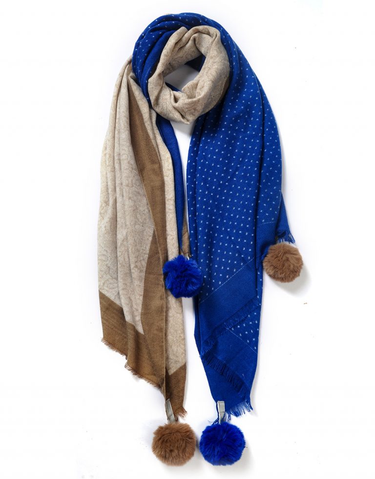 Blue Double Colour Pattern Pompom Winter Scarf