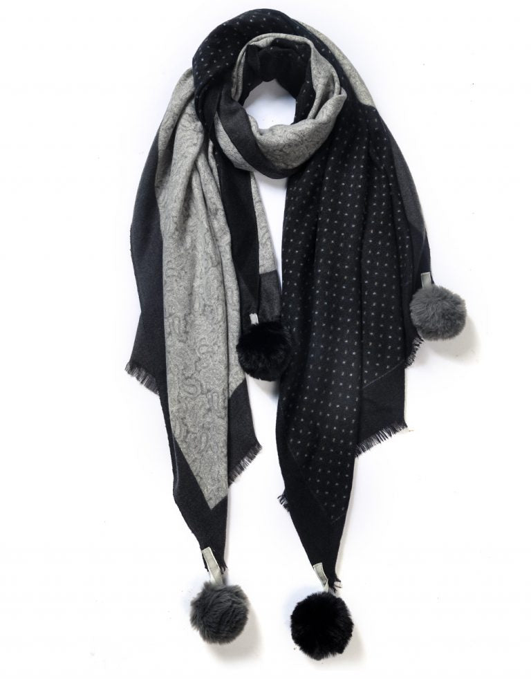 Black Double Colour Pattern Pompom Winter Scarf